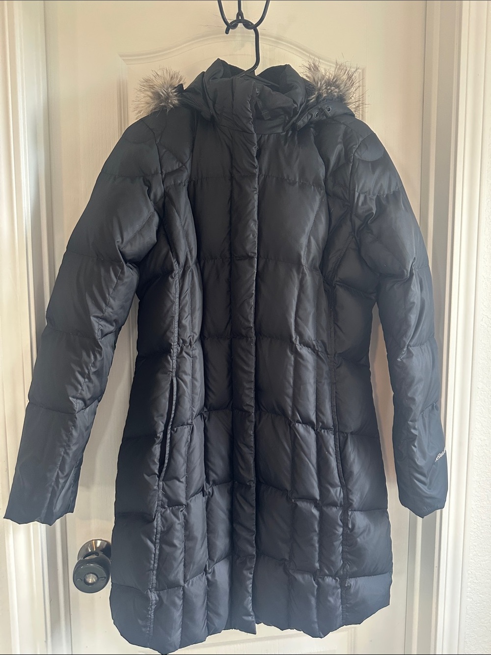 Eddie Bauer Long Black Quilted Puffer Coat with Faux Fur Hood